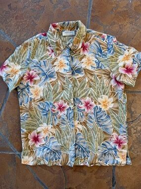VTG Lemon Grass Linen Cotton Floral Button-Up Short Sleeve Shirt Women’s Size S
